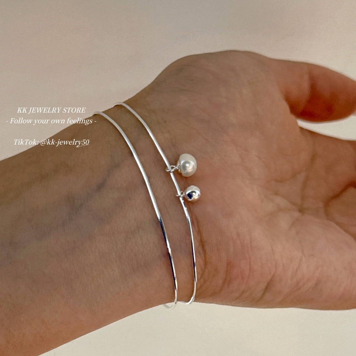 S925 Sterling Silver Freshwater Pearl Ball Double Snake Bone Bracelet