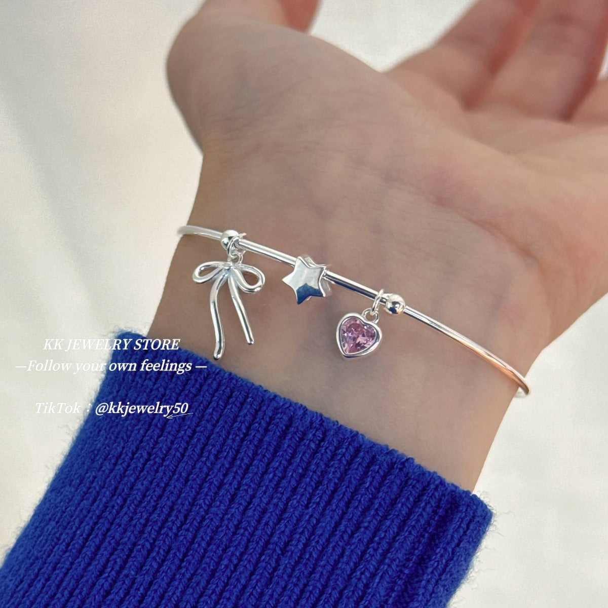 S925 Sterling Silver Star Bow Heart Pink Diamond Bracelet