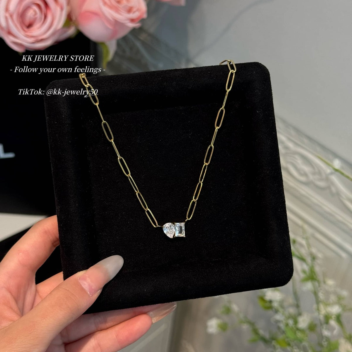 18k gold-plated titanium steel pear-shaped square zircon necklace