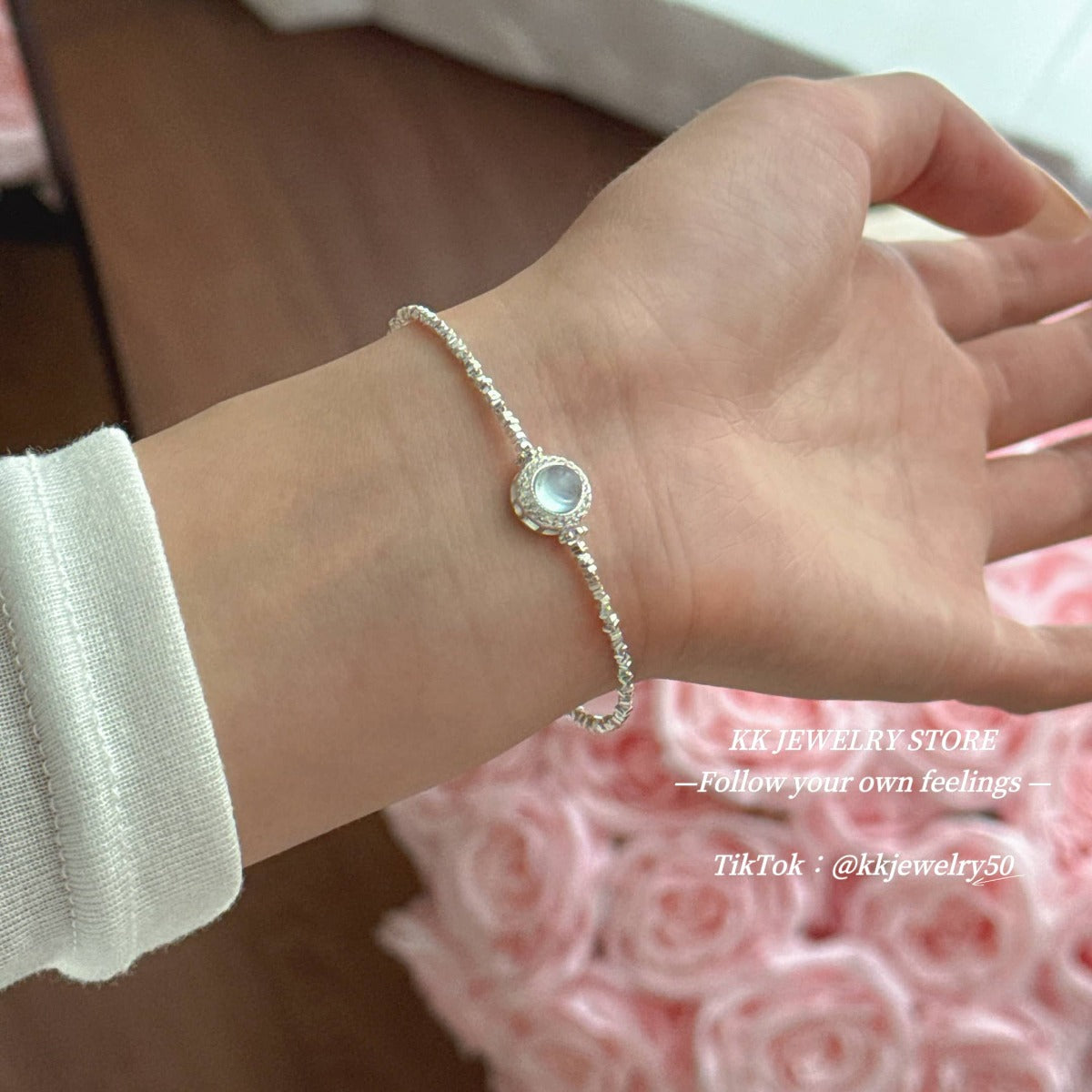 S925 Sterling Silver Natural Aquamarine Crushed Silver Bracelet