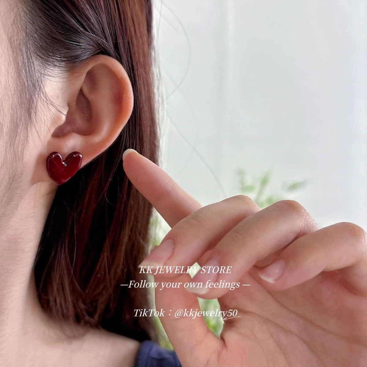 Red love drop glaze metal stud earrings