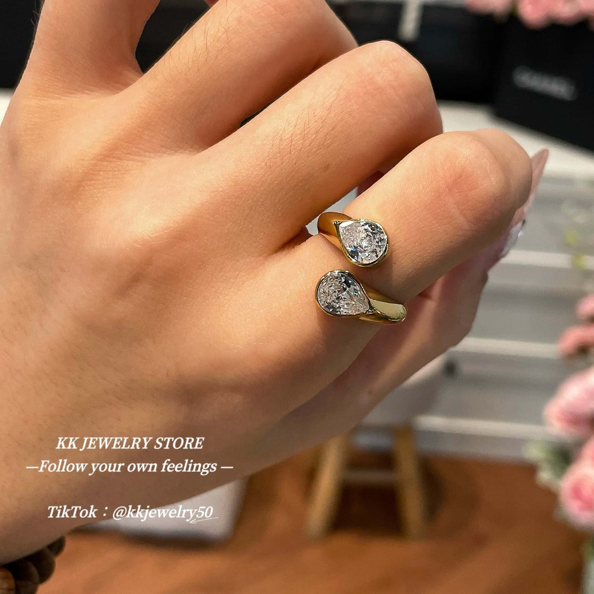 Water drop double diamond open ring