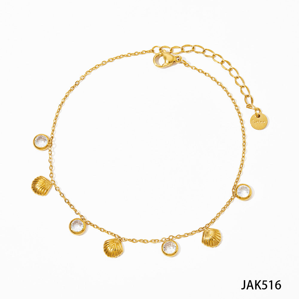 Colored Zircon Shell Pendant Stainless Steel Necklace Anklet