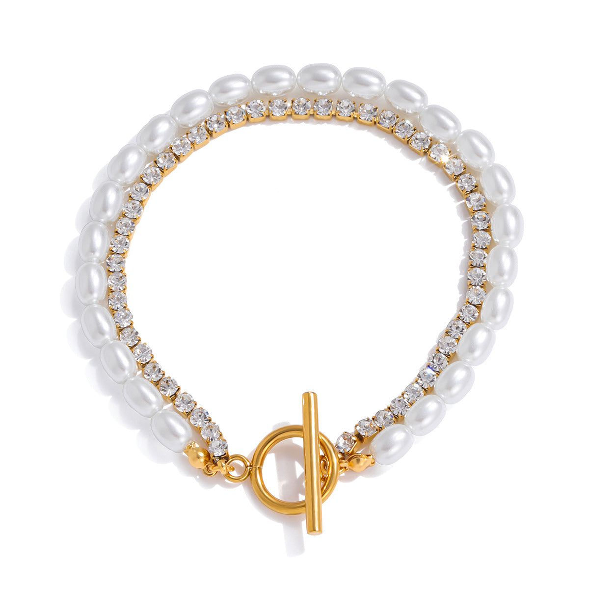 Stainless steel imitation pearl rice bead chain double layer OT buckle double layer bracelet