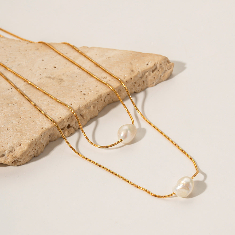 Stainless steel freshwater pearl double-layer non-fading necklace