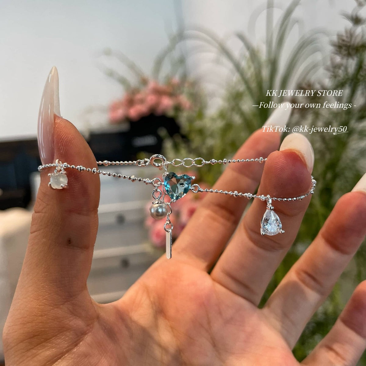 S925 Sterling Silver Sea Blue Heart Love Pearl Bracelet