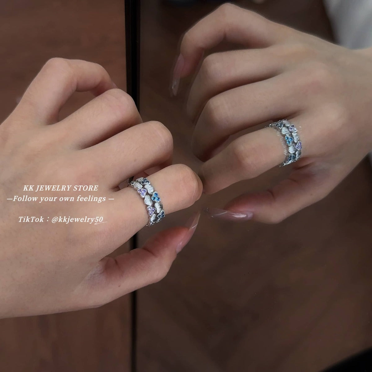 S925 Silver Brushed Full Ring Purple Diamond Blue Diamond Love Ring