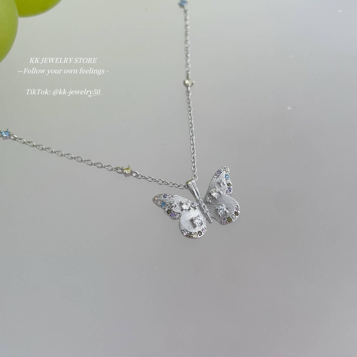 S925 whole body sterling silver colored diamond brushed butterfly necklace