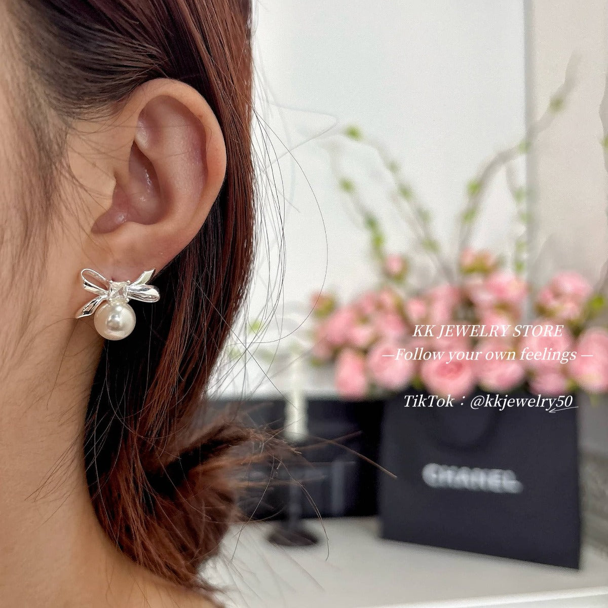 S925 sterling silver chaebol daughter pearl bow earrings