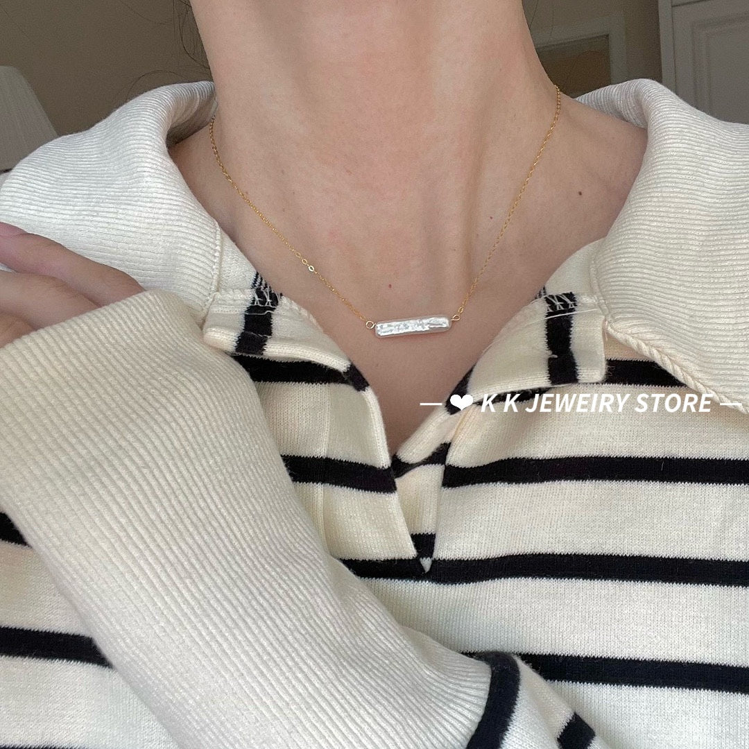 14K Gold-Filled Fortune-Bringing Small Silver Bar Pearl Necklace