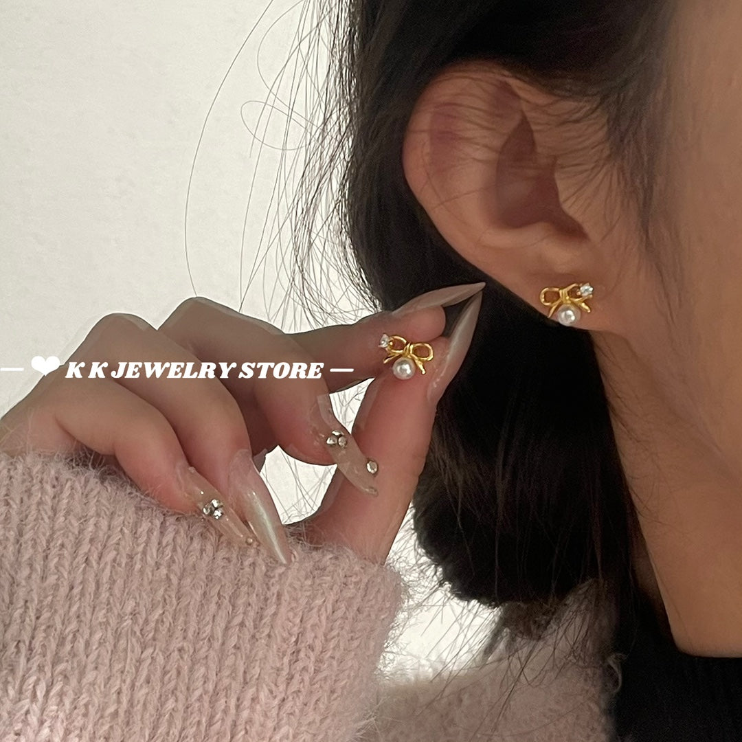 925 Silver Micro-Set Pearl Bow Stud Earrings