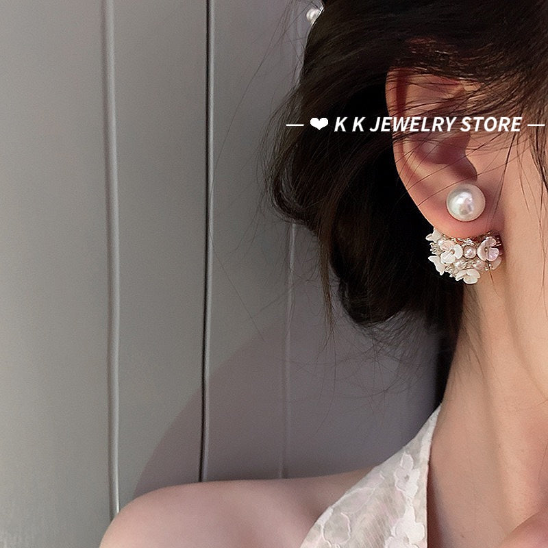 Silver Needle Faux Pearl Aurora Flower Cluster Earrings