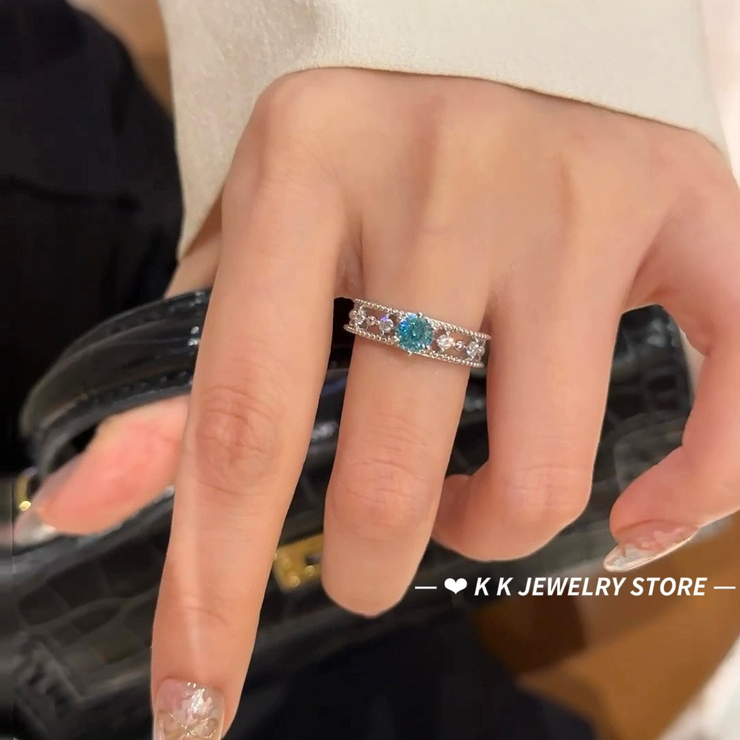 925 Silver 1-Carat Blue Diamond Firework Cut Ring