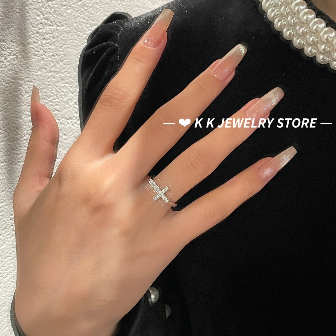 925 Silver Plated White Gold Cross Ring