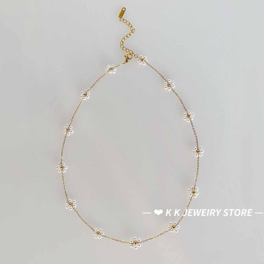 Pearl Small Flower Titanium Steel Necklace and Bracelet