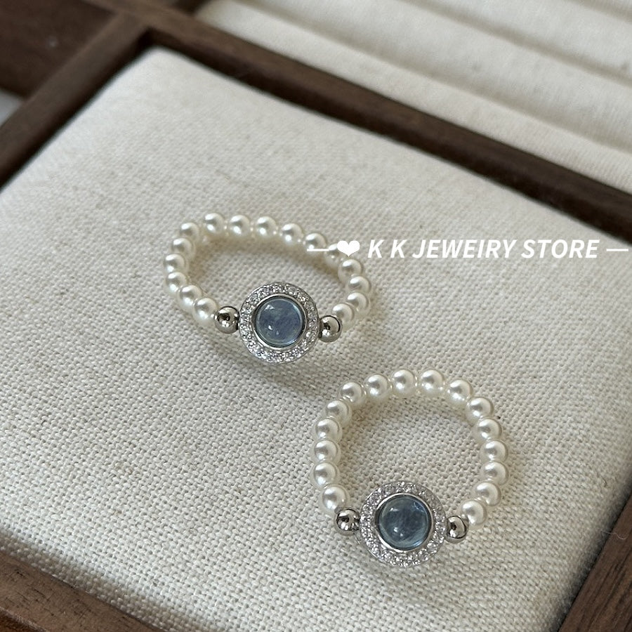 كل ما فوق 925 Silver Aquamarine خاتم اللؤلؤ المنسوجة يدويًا