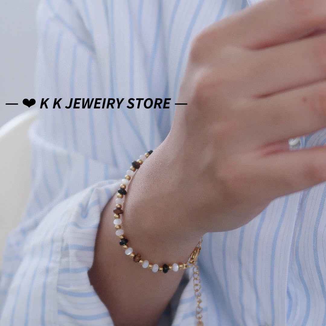 Natural Stone Crystal, Tiger's Eye and Black Agate Bracelet