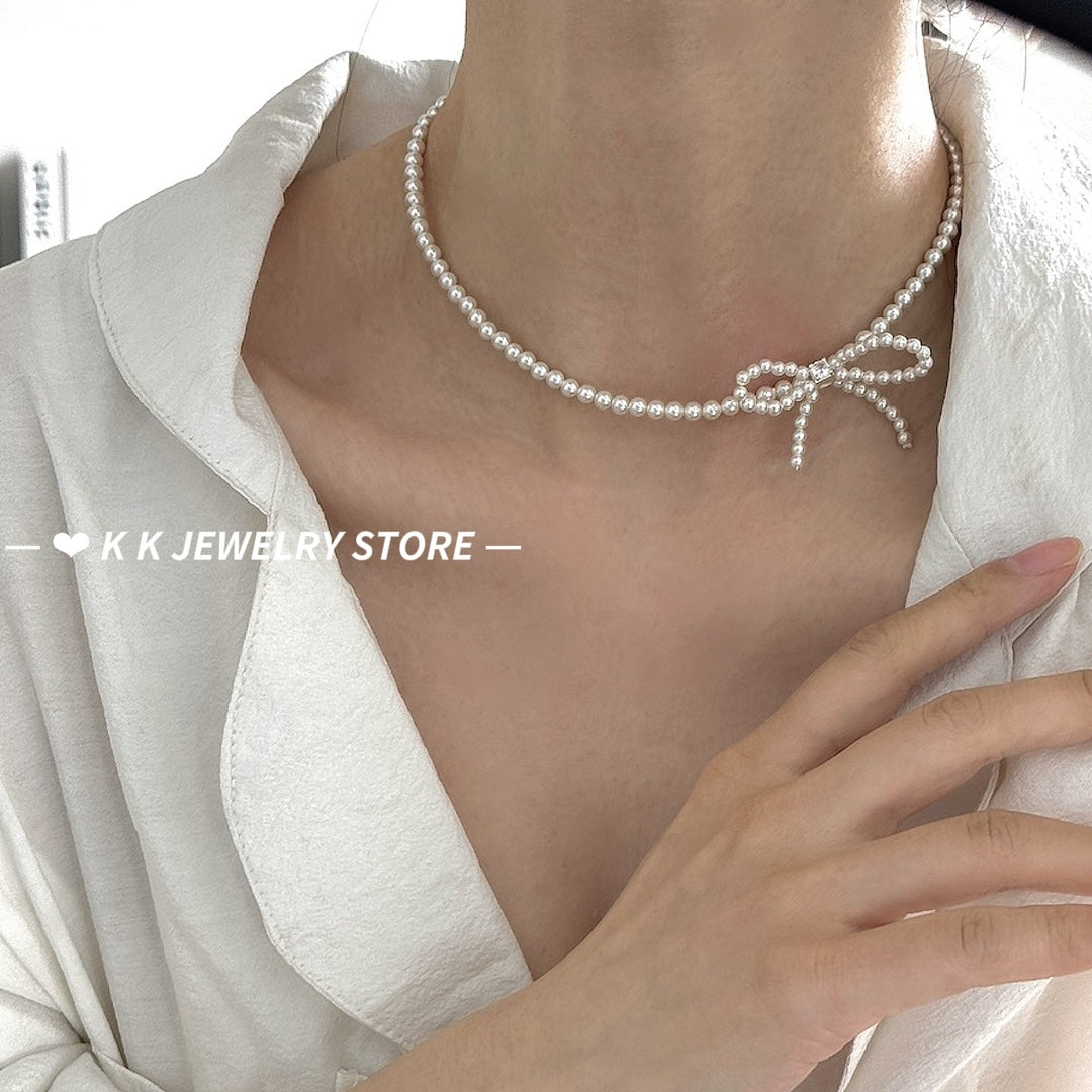 Sterling Silver Bowknot Artificial Pearl Necklace