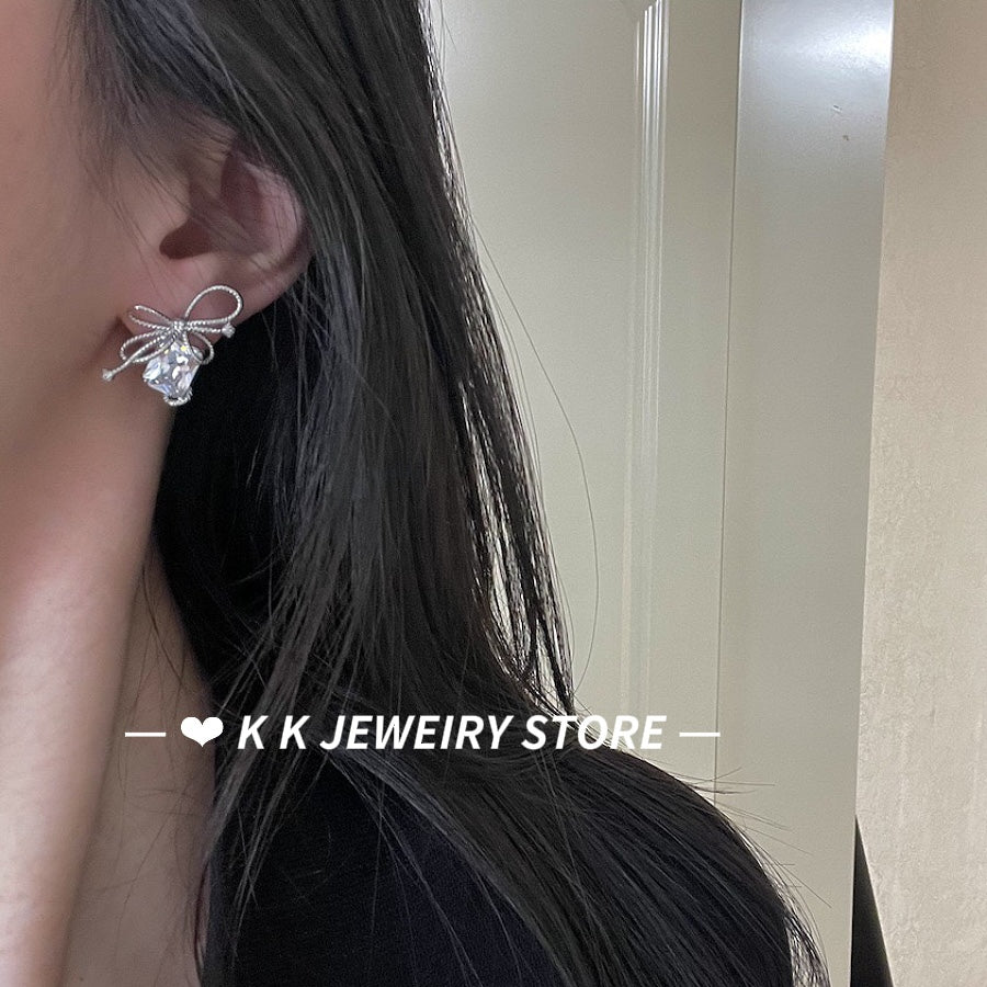 Bowknot Knot Rectangular Zircon Stud Earrings