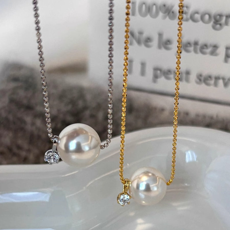 S925 Sterling Silver Single Diamond Imitation Pearl Necklace