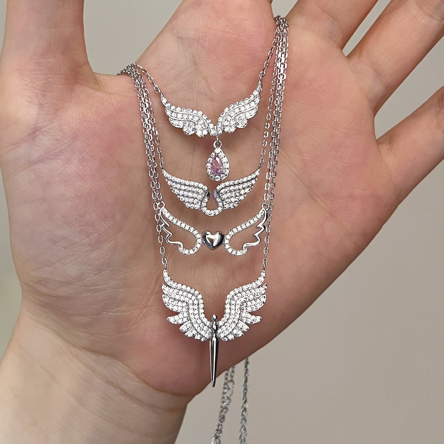 925 sterling silver angel wings full diamond pearl inlay necklace