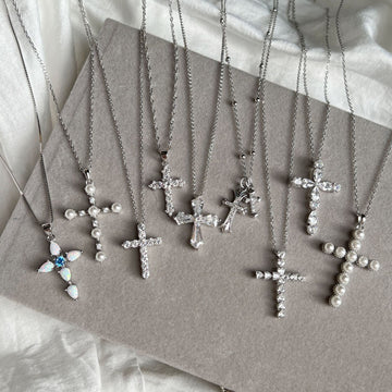925 Sterling Silver Cross Opal Pearl Necklace