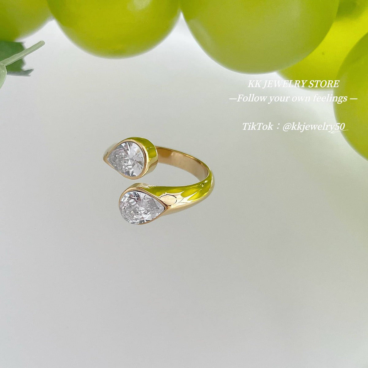 Water drop double diamond open ring