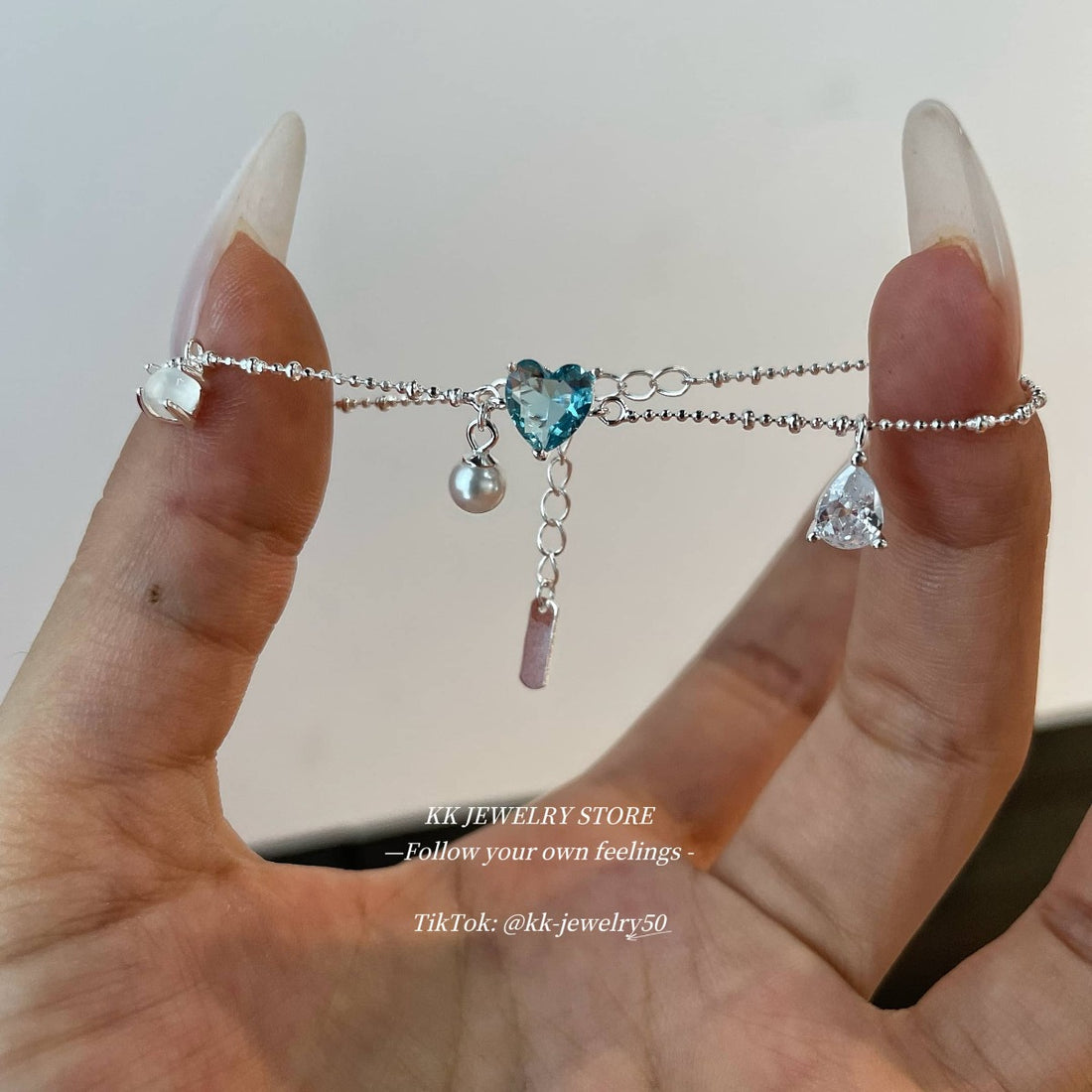 S925 Sterling Silver Sea Blue Heart Love Pearl Bracelet