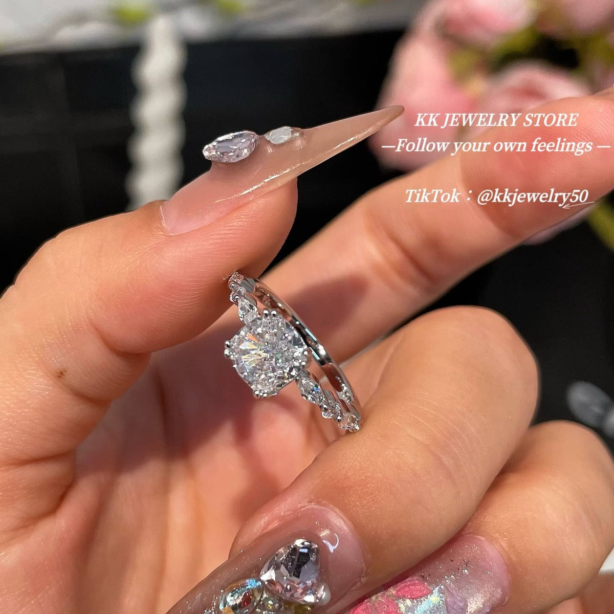 S925 sterling silver square diamond 7 * 7mm ice cube ring