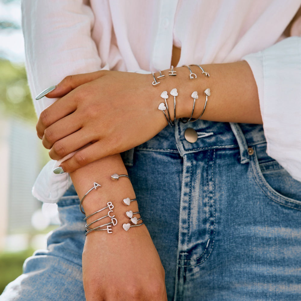 925 sterling silver bracelet with 26 letters of heart symmetrical design