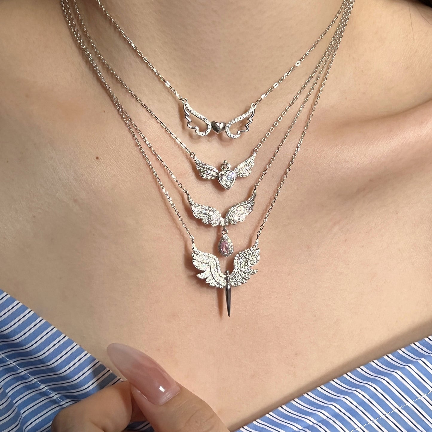 925 sterling silver angel wings full diamond pearl inlay necklace