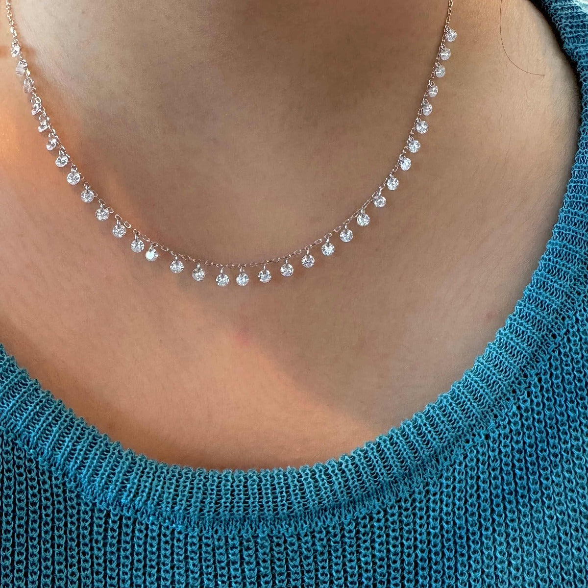 High Quality~ S925 Sterling Silver Round Diamond Tassel Necklace