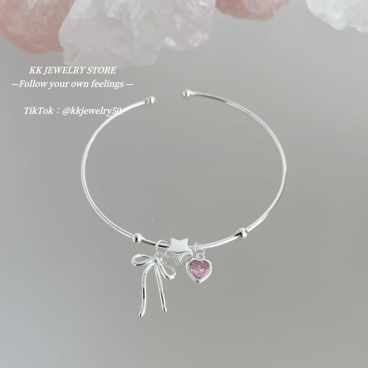 S925 Sterling Silver Star Bow Heart Pink Diamond Bracelet
