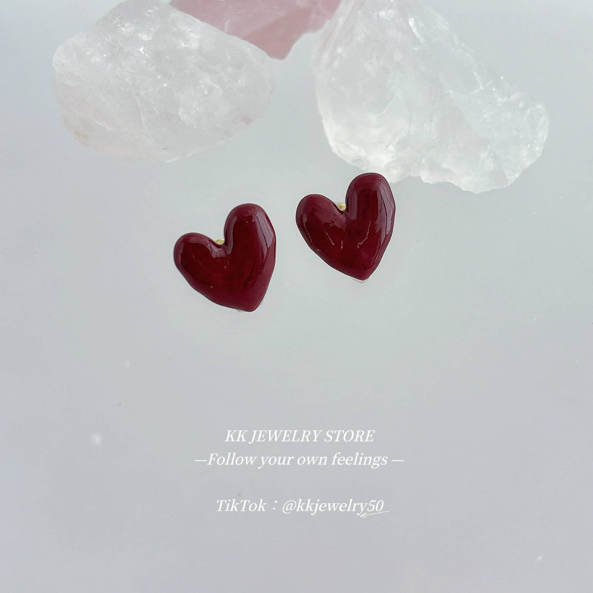 Red love drop glaze metal stud earrings