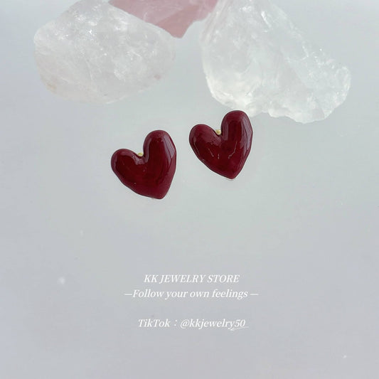 Red love drop glaze metal stud earrings