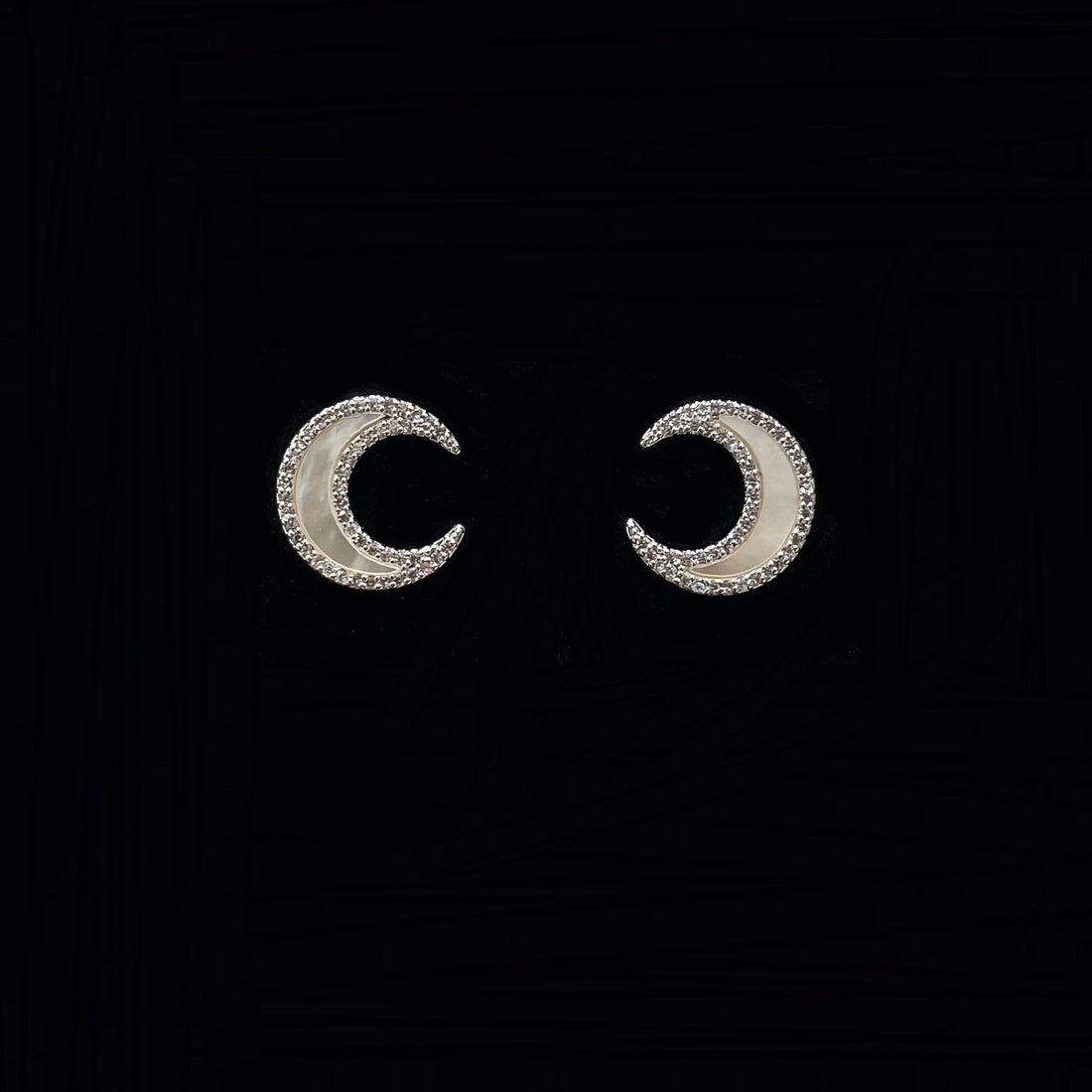 Diamond-Inlaid Shell Moon Stud Earrings