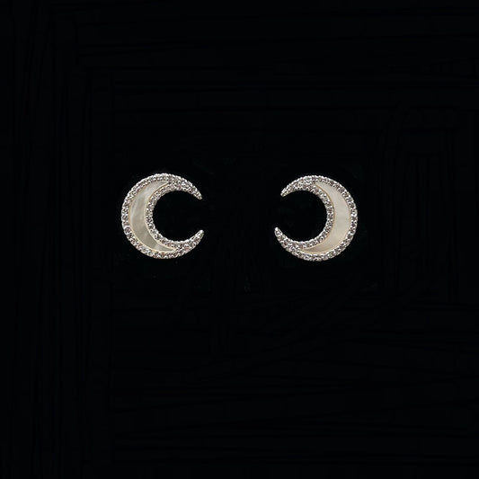 Sterling silver moon set with diamond shell stud earrings