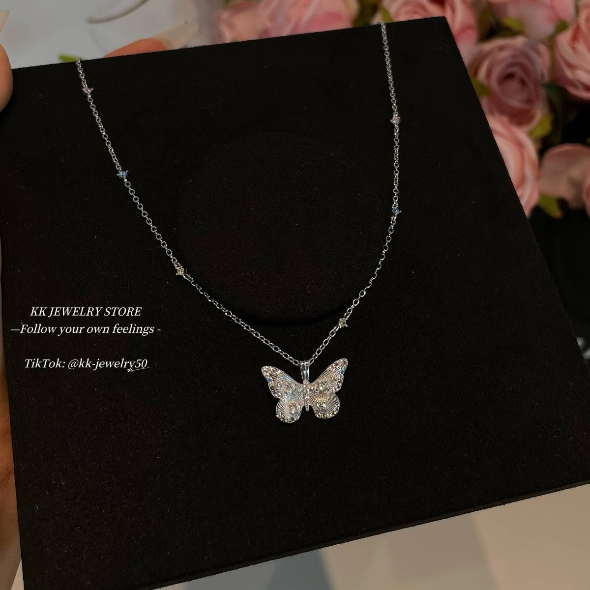 S925 whole body sterling silver colored diamond brushed butterfly necklace