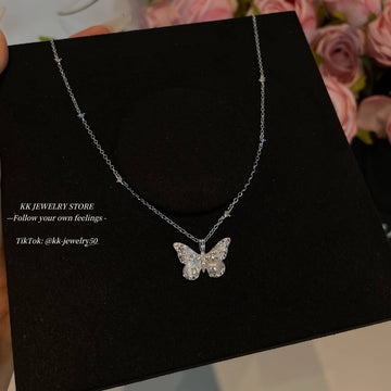 S925 whole body sterling silver colored diamond brushed butterfly necklace