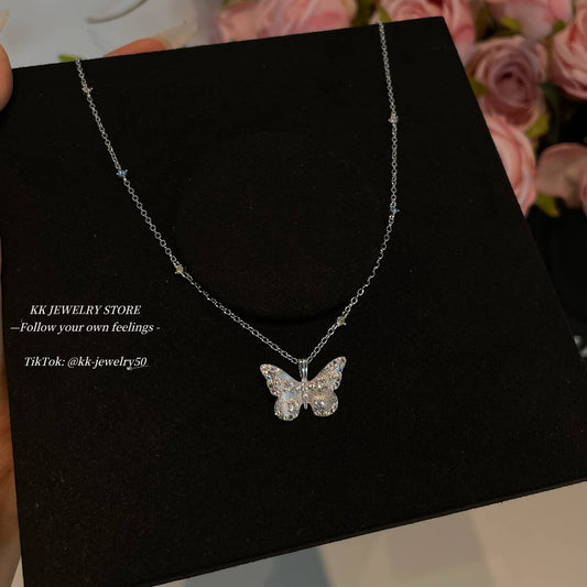 S925 whole body sterling silver colored diamond brushed butterfly necklace