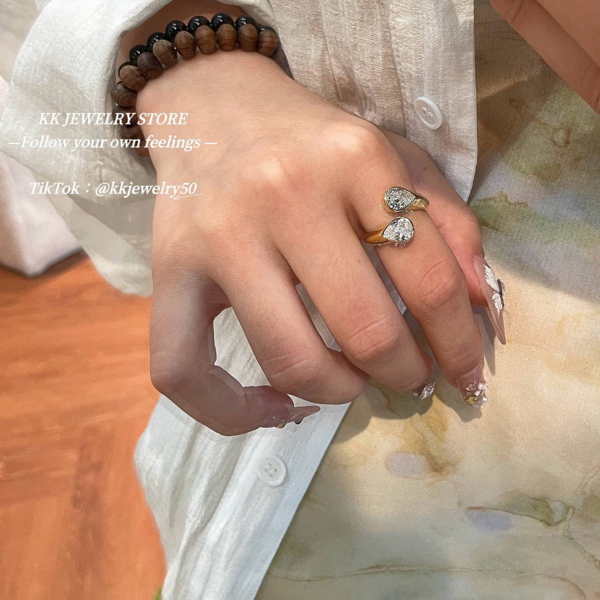 Water drop double diamond open ring