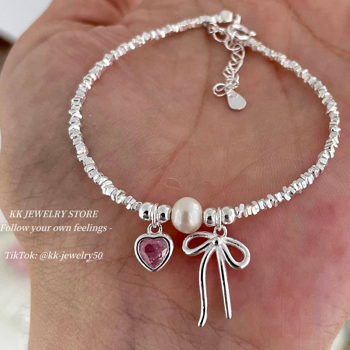 S925 Sterling Silver Pink Love Bow Crushed Silver Bracelet