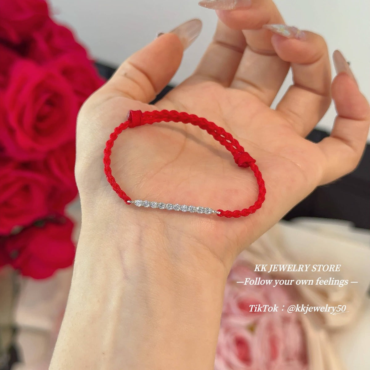 S925 sterling silver row red rope bracelet adjustable