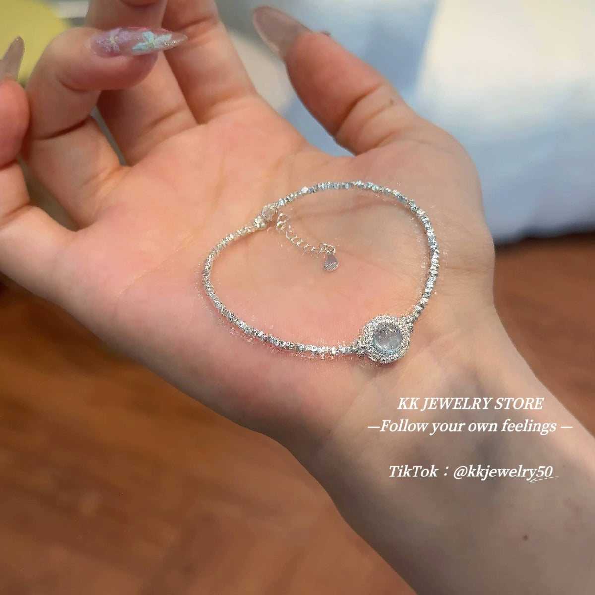 S925 Sterling Silver Natural Aquamarine Crushed Silver Bracelet