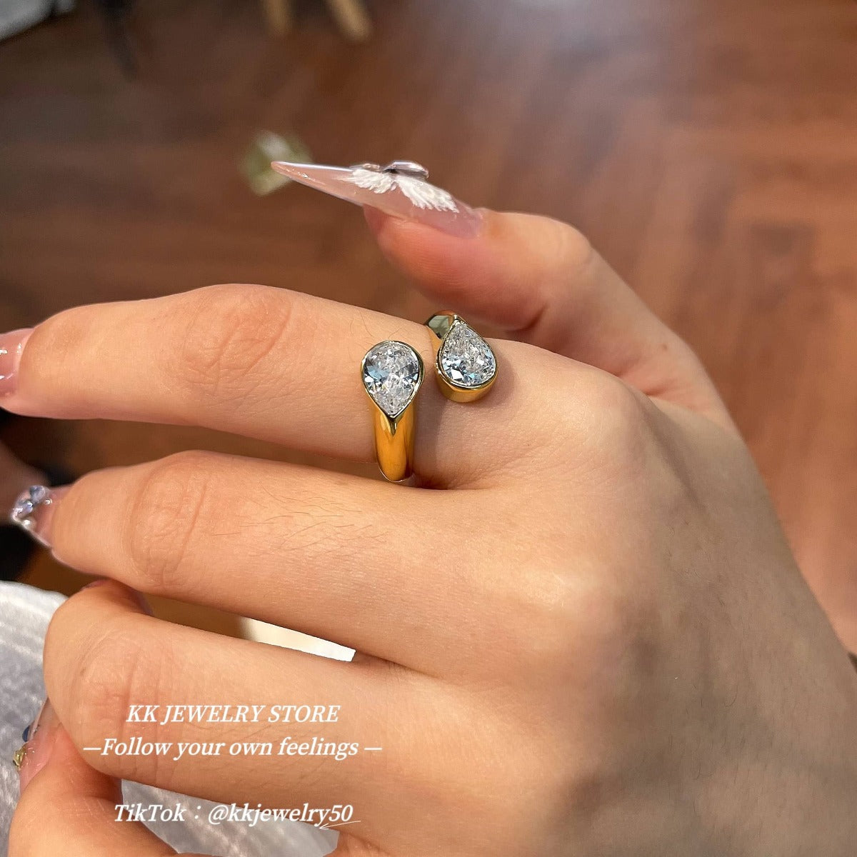 Water drop double diamond open ring