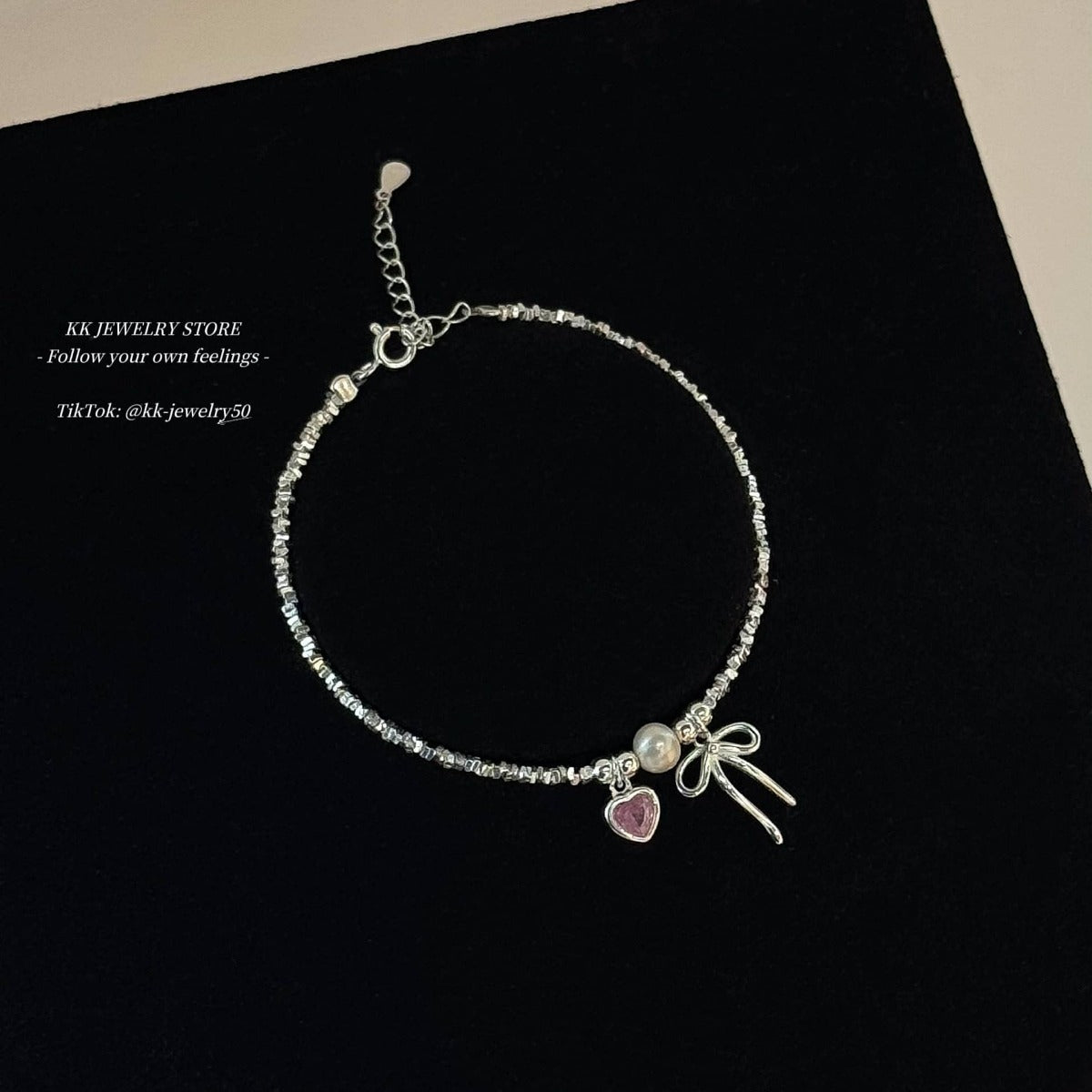 S925 Sterling Silver Pink Love Bow Crushed Silver Bracelet