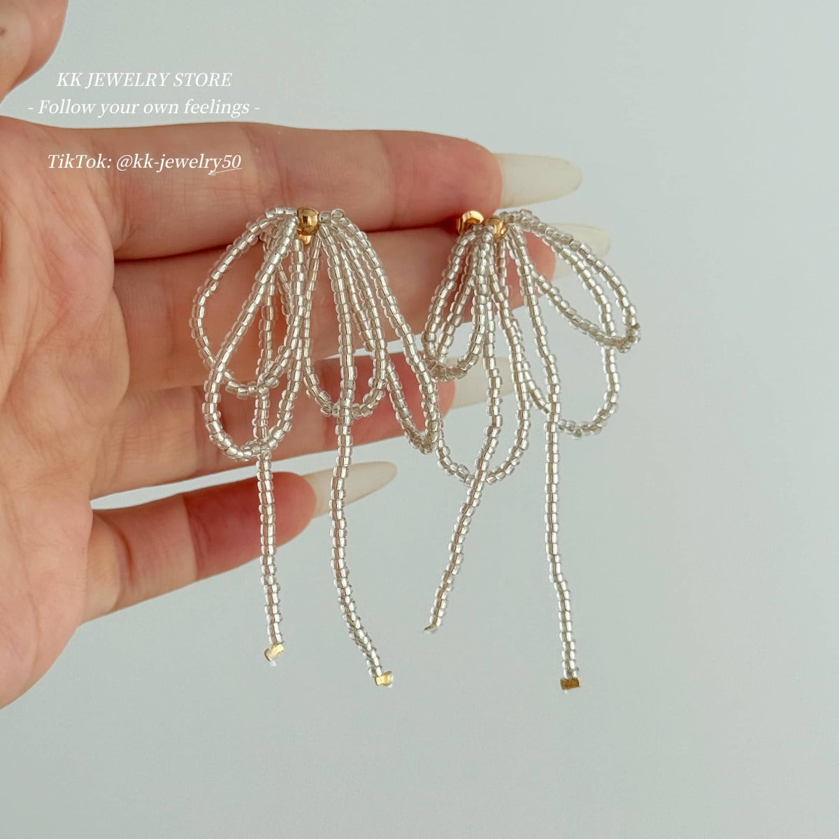 S925 Silver Needle Beaded Bow Fringed Earrings