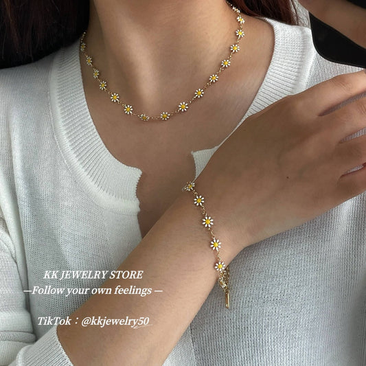 Colored Little Daisies Drop Glaze Flower Bracelet Necklace Set