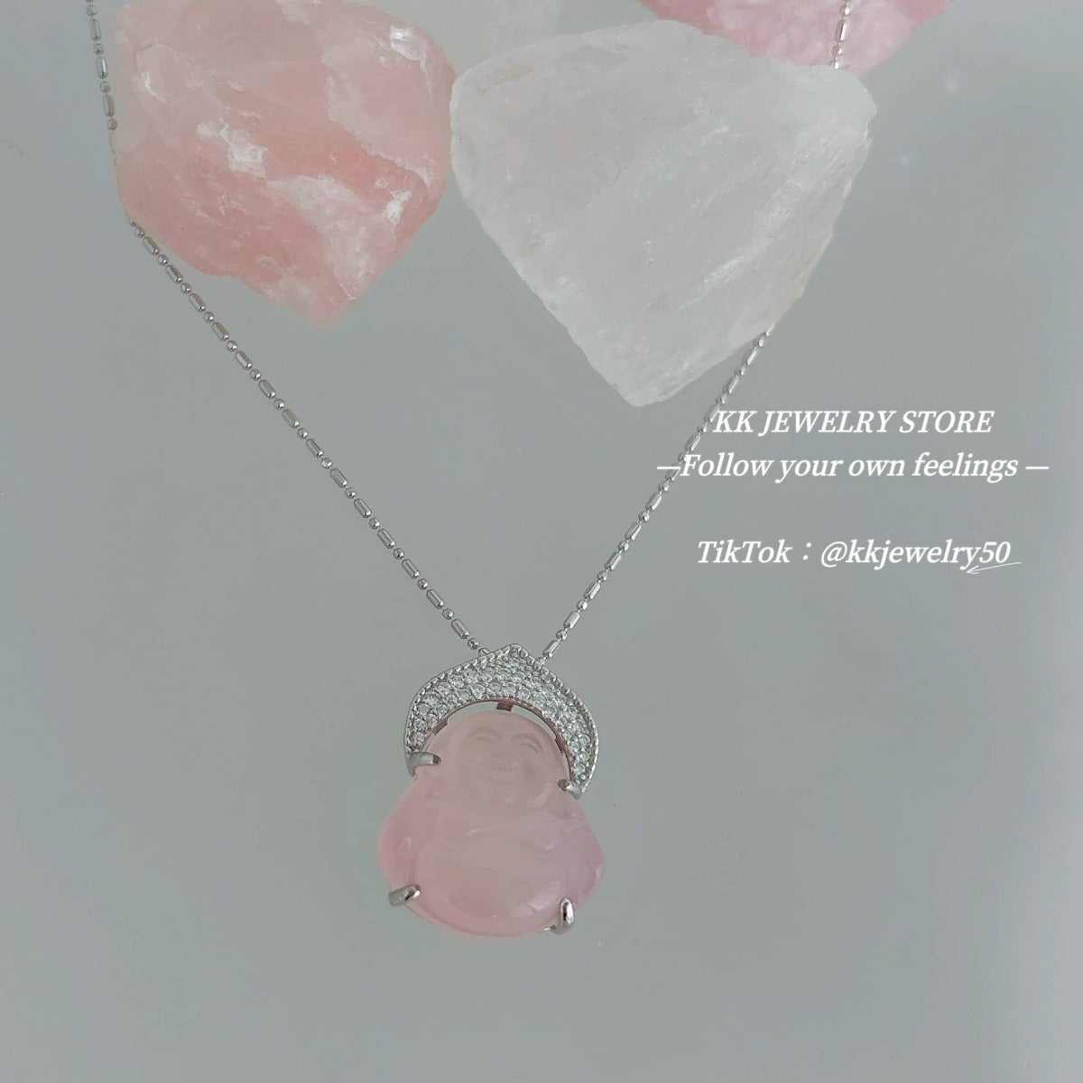 925 Sterling Silver Pink Chalcedony Maitreya Buddha Necklace