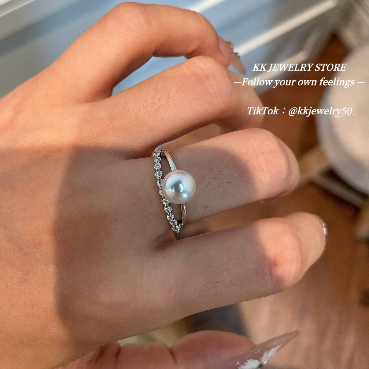 Double Diamond Pearl Open Ring